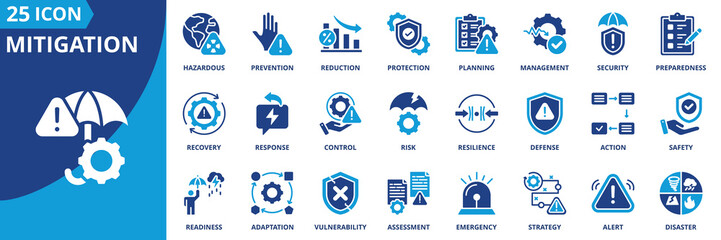 Mitigation icon set collection in flat style. Icon pack contains mitigation, prevention, reduction, control, protection, security, planning, preparedness, management, response