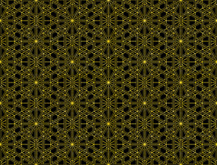 シームレスな黒地に金色ラインの変わり雪形亀甲文様背景