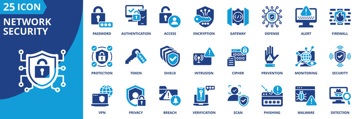 Network security icon set collection in flat style. Icon pack contains firewall, encryption, authentication, access, security, protection, defense, password, cipher, intrusion