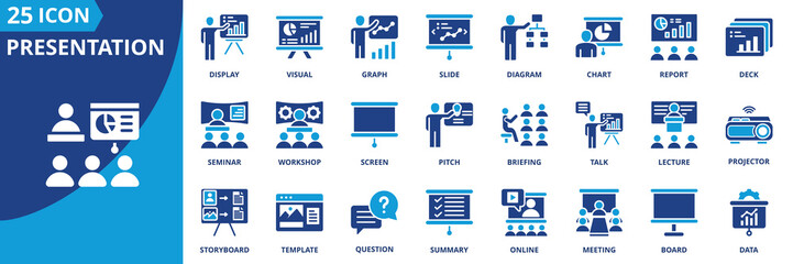 Presentation icon set collection in flat style. Icon pack contains presentation, slide, deck, chart, graph, diagram, visual, report, display, screen