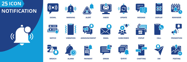 Notification icon set collection in flat style. Icon pack contains notification, alert, reminder, message, update, warning, signal, vibration, popup, announcement