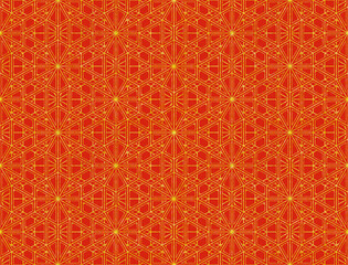 シームレスな赤地に金色ラインの変わり雪形亀甲文様背景