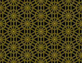 シームレスな黒地に金色ラインの雪形亀甲文様背景