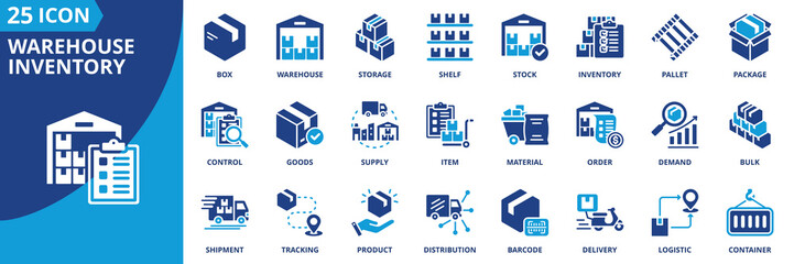 Warehouse inventory icon set collection in flat style. Icon pack contains warehouse, inventory, stock, supply, storage, shelf, pallet, box, package, item