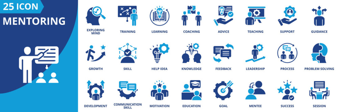 Mentoring icon set collection in flat style. Icon pack contains mentoring, guidance, coaching, training, teaching, learning, advice, support, leadership, mentee