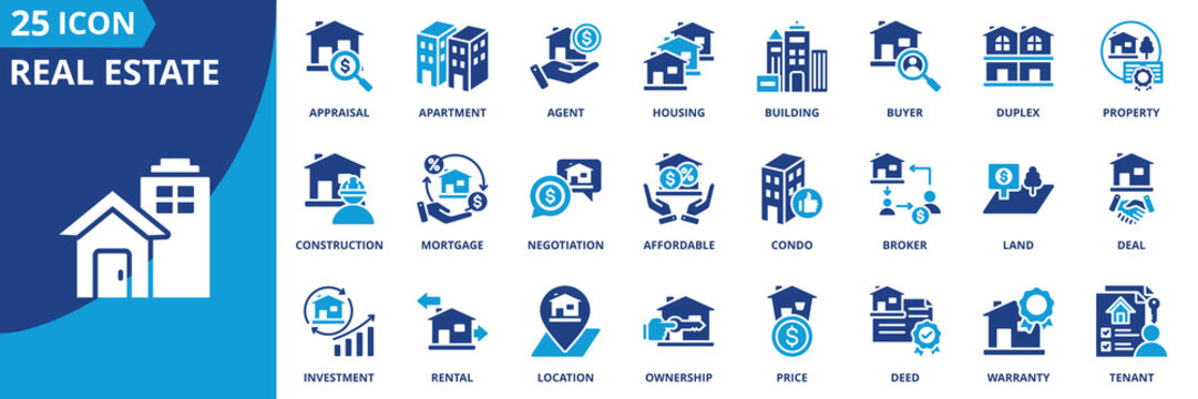 Real estate icon set collection in flat style. Icon pack contains property, housing, building, apartment, condo, land, mortgage, rental, tenant, affordable