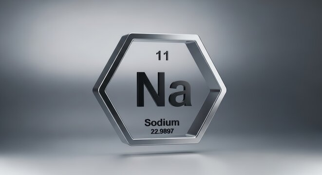 3D metallic rendering of the chemical element Sodium (Na) from the periodic table. The image highlights a futuristic, scientific design with a shiny silver finish and clear typography.