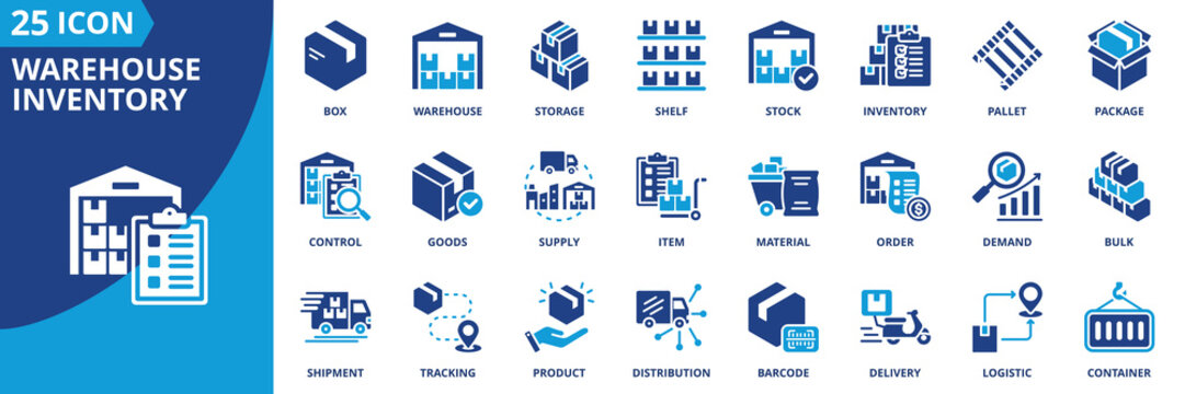 Warehouse inventory icon set collection in flat style. Icon pack contains warehouse, inventory, stock, supply, storage, shelf, pallet, box, package, item