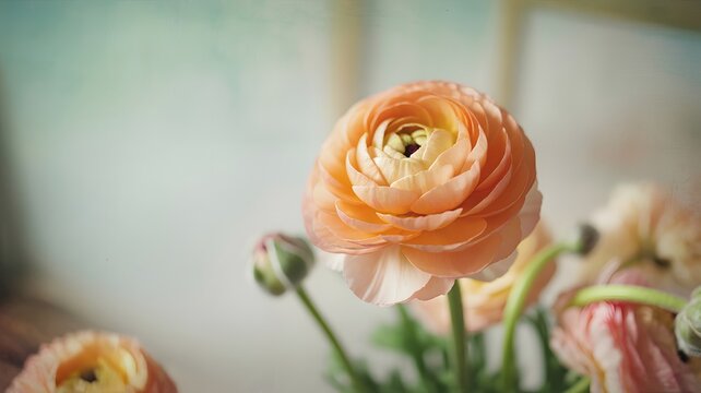 Soft focus close up of a delicate peach colored ranunculus flower with buds