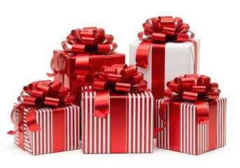 Pile of red and white striped gift boxes with red bows isolated on white background
