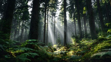 Fototapeta premium Sunbeams illuminate a dense forest with lush green foliage and tall trees.