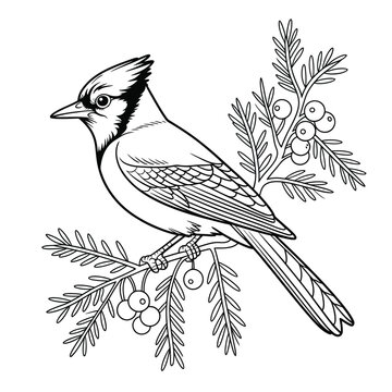 Detailed line drawing of a blue jay perched on a pine branch