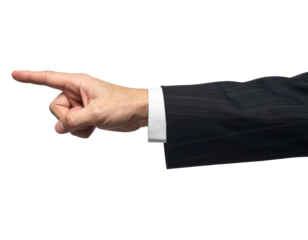 Arm in a suit pointing with the index finger isolated on a transparent background.