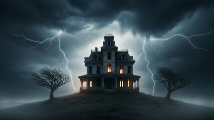 Spooky Victorian mansion on a hill during a dramatic thunderstorm with lightning strikes and bare - Powered by Adobe