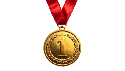 Gold medal with red ribbon isolated on a transparent background.