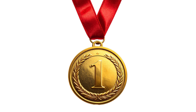 Gold medal with red ribbon isolated on a transparent background.