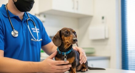 Dachshund at vet, wearing collar, being examined, masked professional nearby in bright office