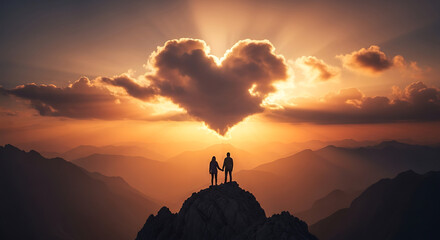 Romantic Mountain Peak: Couple Under Heart-Shaped Cloud at Sunset