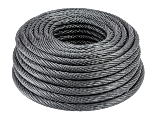 A coil of steel rope isolated on a transparent background.