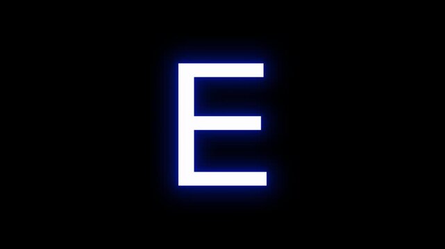 E alphabet text blue glow light with black background animation