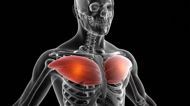 Dynamic 3D Human Anatomy: Pectoral Muscles Glowing on Transparent Torso