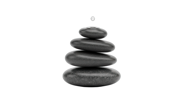 Stack of five balanced dark grey stones isolated on transparent background
