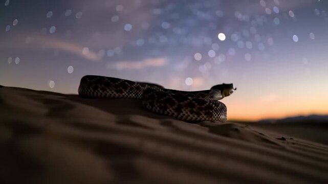 A coiled snake rests on a sandy dune under a starry sky at dusk