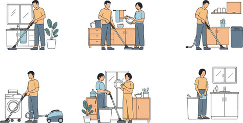 People performing household chores together—vacuuming, laundry, dishwashing—highlighting teamwork, cleanliness, daily routine, and modern domestic lifestyle scenes