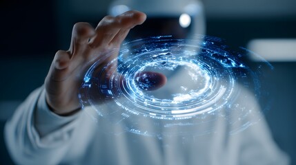 Hand touches glowing futuristic interface with digital globe.