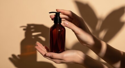 Hands gently hold a dark amber glass bottle with a pump dispenser, casting a long shadow against a warm, neutral background with subtle leaf patterns