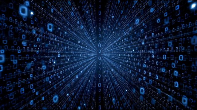 Digital Universe: Dive into the captivating expanse of interconnected data, represented by a mesmerizing display of binary code and luminous blue rectangles.