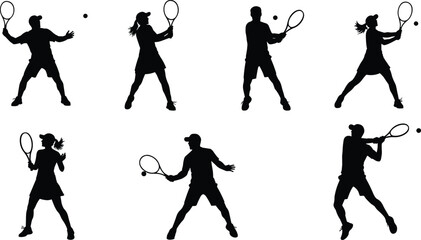 Silhouette Tennis Players in Forehand, Backhand, and Serve Poses with Rackets and Balls, Calm Mood, Six-Scene Sports Series