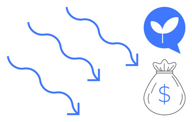 Arrows represent movement or flow, paired with a sprout for growth and a money bag for profits. Ideal for finance, investment, success, eco-business, savings, sustainability CSR. Simple flat