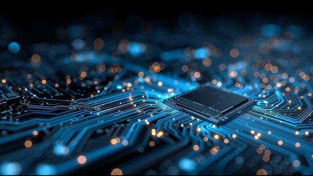 Microchip Close-up: The image spotlights a central processing unit (CPU) chip, the brain of a device, resting on a complex circuit board.
