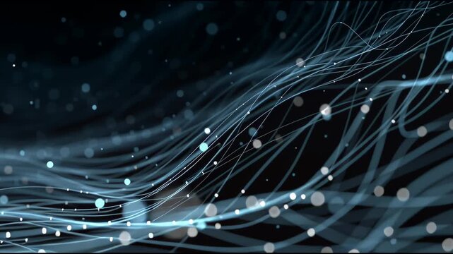 Abstract Digital Stream: A captivating display of digital elegance, with flowing lines and luminous spheres dancing against a deep, dark backdrop, capturing the essence of interconnected data streams.