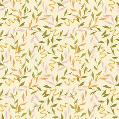 Elegant Botanical Vine Seamless Pattern, Vintage Foliage and Ribbon Background, Subtle Earth Tones Textile for Wedding and Scrapbooking.