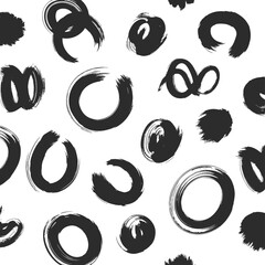 Abstract ink circle brush strokes pattern, hand-drawn grunge rings and loops, artistic seamless texture for modern design backgrounds