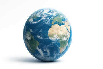 Fototapeta premium Blue planet Earth full disc at three quarter tilt isolated on pure white subtle limb glow crisp cloud bands and soft contact shadow astronomy education visual