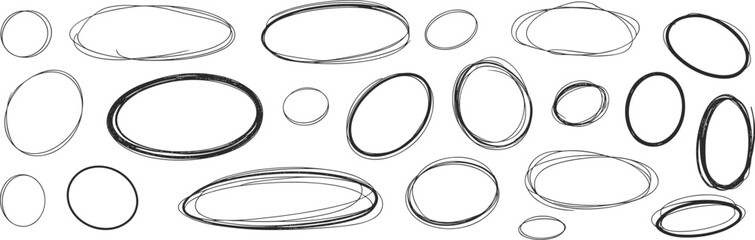 Abstract hand-drawn oval shapes, sketchy ink circles, irregular geometric design, minimalist artistic pattern, black and white illustration background