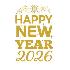 Happy New Year 2026 Celebration with Golden Fireworks on a Dark Blue Background,Modern new year 2026 greeting card design with festive elements and bold typography,