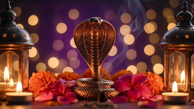 A beautifully lit setup of a cobra idol adorned with flowers, symbolizing the reverence of Nag Panchami