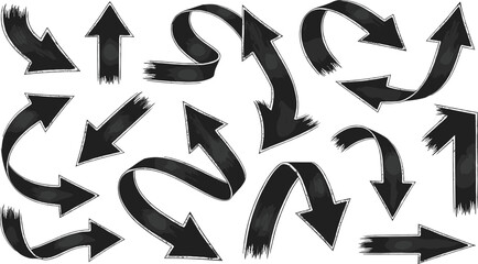 Black hand-drawn brush arrows, curved sketch direction signs, grunge artistic pointers for infographic, presentation, guidance, highlight and navigation design