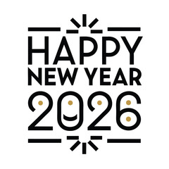 Happy New Year 2026 Celebration with Golden Fireworks on a Dark Blue Background,Modern new year 2026 greeting card design with festive elements and bold typography,