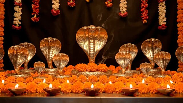 Vibrant Nag Panchami Celebration featuring Golden Cobra Deities and Marigold Flowers, a Sacred Indian Festival Honoring Serpents and Seeking Divine Blessings and Protection