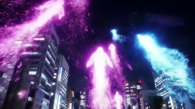 Abstract energy beam rising above city buildings at night