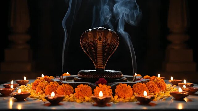 Devotional offering to a cobra idol with illuminated diyas and marigold flowers during the sacred Hindu festival of Nag Panchami