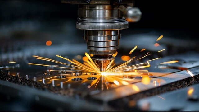 Precision in Motion: A close-up shot of a laser cutter in action, its powerful beam expertly sculpting metal with sparks, symbolizing the intersection of precision, technology, and industry. 