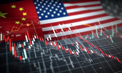 financial charts with an american flag and a chinese Flag in the background, indicating global economic growth or stock market trends between china and the usa - Powered by Adobe