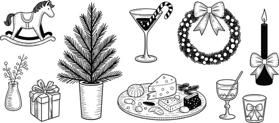 Hand drawn Christmas decorations, holiday food and drinks, festive wreath, gifts, tree, rocking horse, winter celebration elements