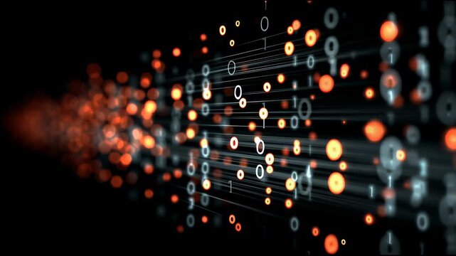 Digital Data Stream: The vibrant, dynamic flow of data points and binary code on a black backdrop, illustrating the essence of modern technology and connectivity.